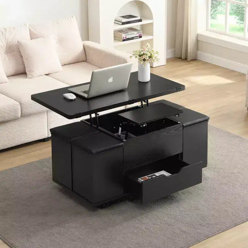 Multi-Function Modern Lift-Top Coffee Table with Hidden Storage, 4 Stools and Casters, Perfect for Modern Living Spaces