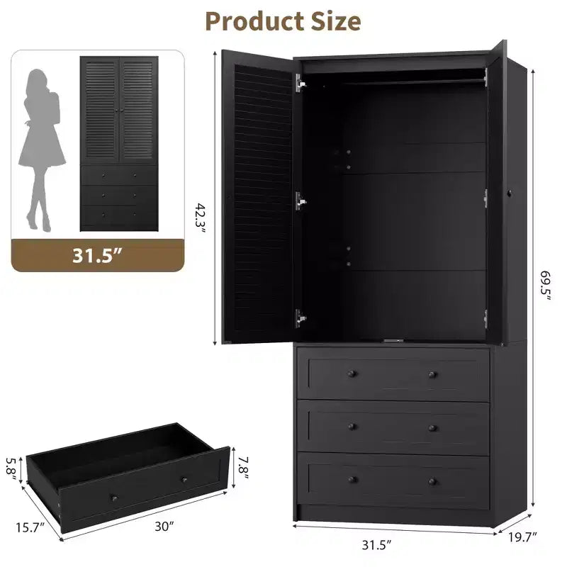 COZONY Armoire Wardrobe with 3 Drawers & 2 Doors, Modern Wooden Closet Cabinet for Bedroom, Heavy Duty White Standing Armoire
