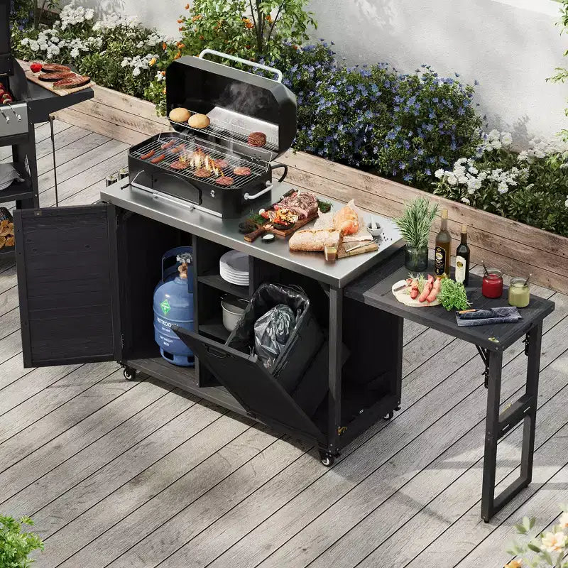 78.3-Inch Outdoor Kitchen Island with Stainless Steel Countertop, Foldable BBQ Station, and Storage Cabinets, Black