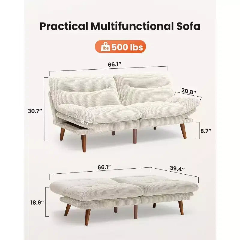 66-inch corduroy sofa bed with adjustable backrest and armrests, suitable for small spaces, living rooms, or offices as a futon sofa.