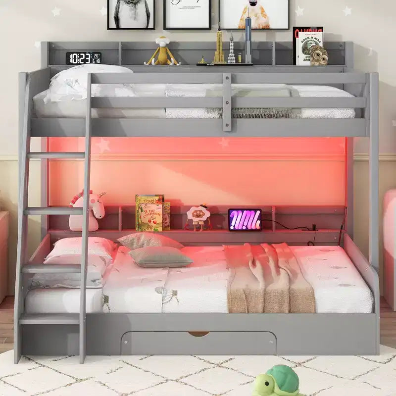 Twin over Full Bunk Bed with Storage, LED Lights & Charging Station, Wood Bunked Bed Beside Shelves for Kids & Teens