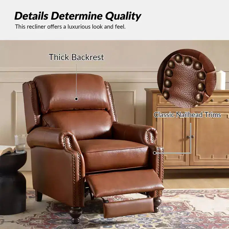 Set of 2 Elisabete Modern Wingback Genuine Leather Recliner with Vintage Nail Head Trim for Living Room and Bedroom| ART OF LIVING DESIGNS
