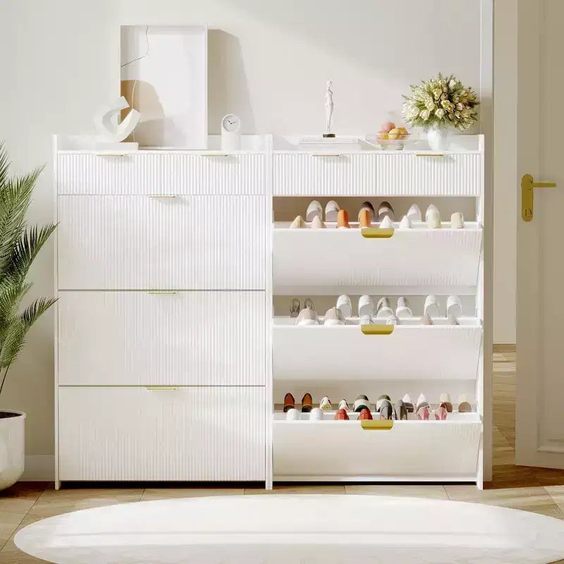 Meuble à chaussures moderne blanc avec 3 tiroirs basculants et 2 petits tiroirs et crochet, organiseur de rangement à chaussures fin cannelé, meuble d'entrée étroit
