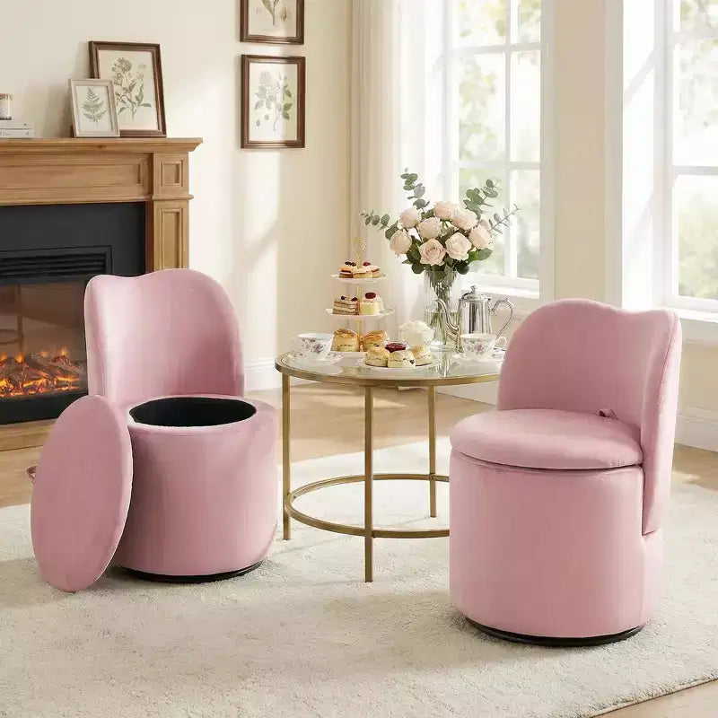 Swivel Vanity Chair with Storage, Upholstered Round Makeup Stool with Back, Soft Padded Barrel Accent Armchair for Bedroom & Living Room