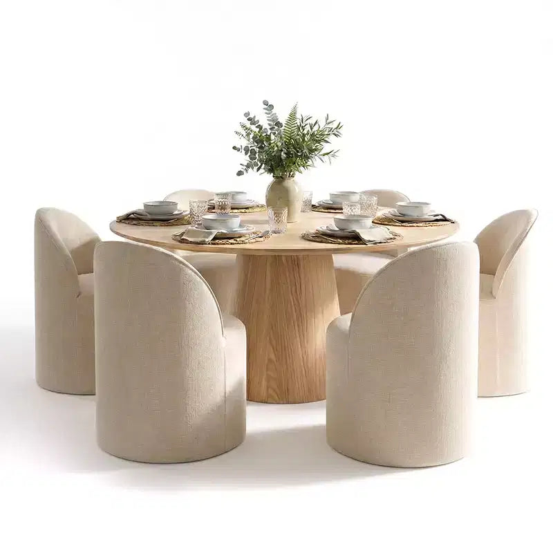 Modern Dining Table Set For 6, Round Pedestal Dining Table, Swivel Rolling Barrel Chairs With Wheels, Textured Chenille- Panipeachy