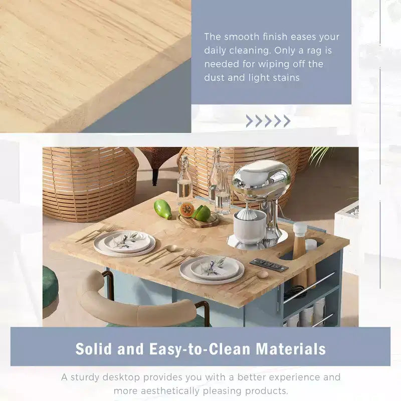 Movable Kitchen Island with Power Outlet, Drop Leaf and Rubber Wood Top