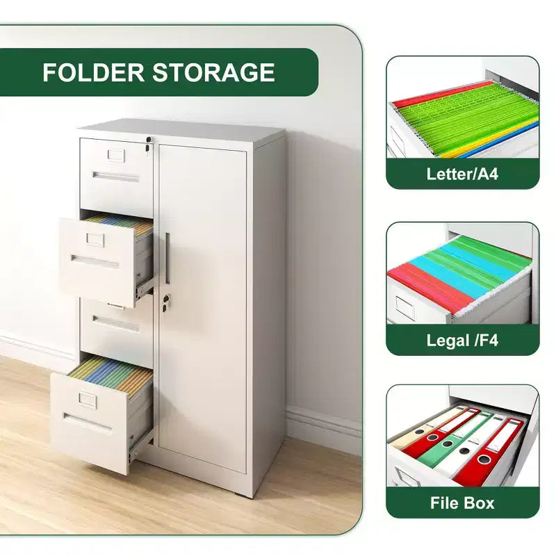Metal Storage Vertical Filing Cabinet with Lock, Steel File Locker with 4 Drawers
