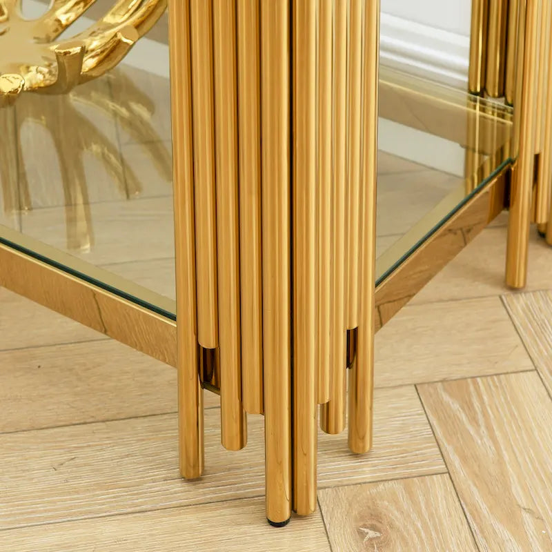 Narrow 2-tier Console Table with Gold Finished Metal Frame and Tempered Glass Top