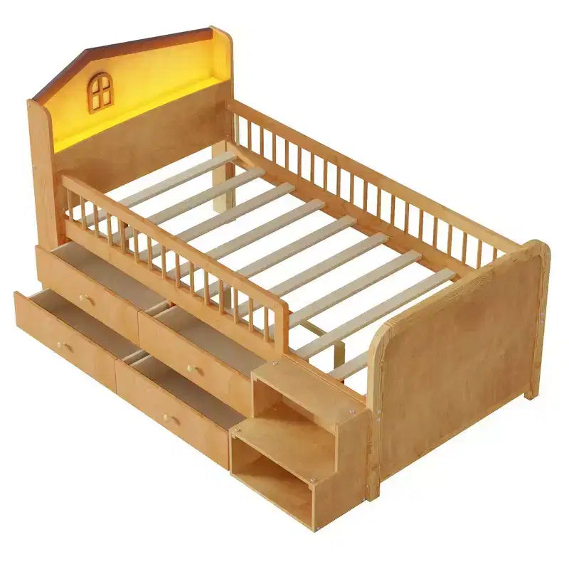 Whisen Low Twin Loft Bed with LED Lights, House Shape Headboard & Storage Drawers, Solid Construction
