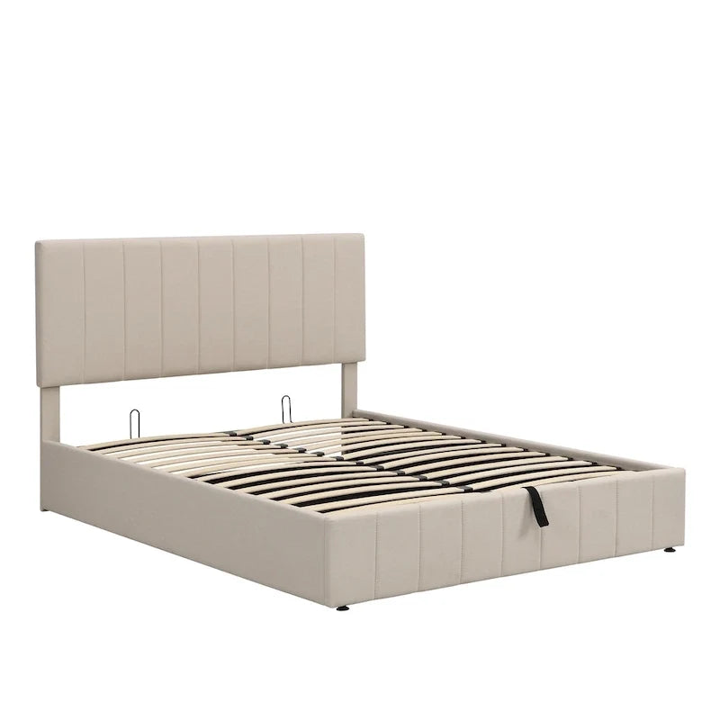 Lit plateforme rembourré Queen avec système de rangement hydraulique - Beige