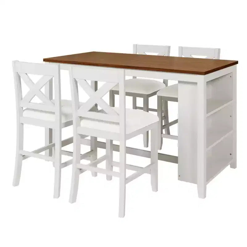 Homy Casa 5-Piece Counter-Height Dining Table and Chairs Set with Storage Shelves, White and Walnut  Modern Farmhouse Style
