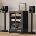 Bekrvio Metal Media Cabinet, 4-Tier Stereo Cabinet with Glass Doors & Adjustable Shelves, Audio AV Rack with Cable Management