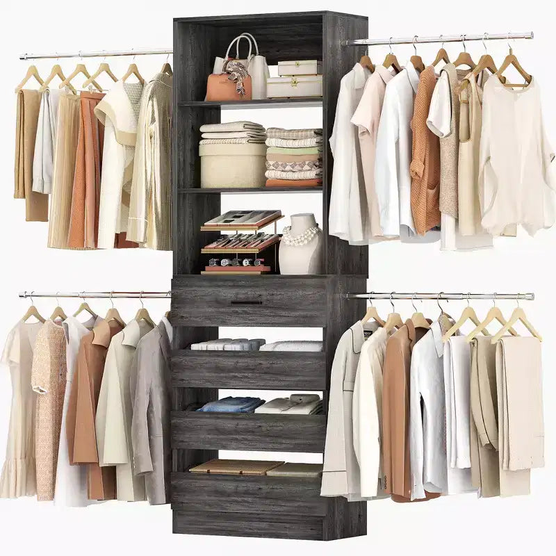 Besiost 4-9 Ft Wooden Closet Organizer System with 4 Drawers, 4 Hanging Rods & Shelving Towers