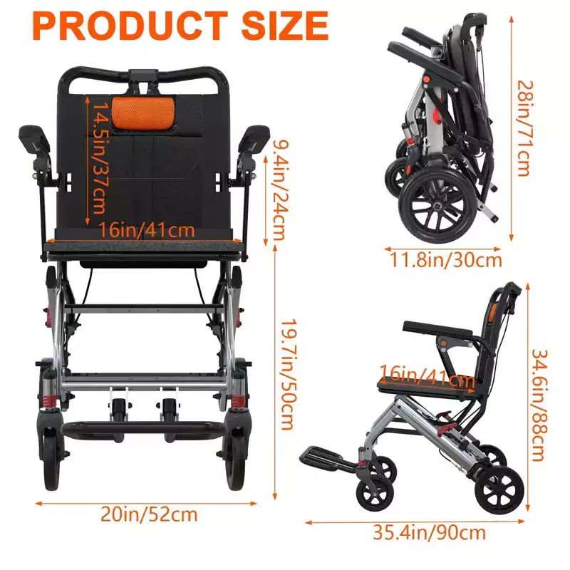 Ultra Lightweight Elderly Transport Wheelchair Portable Lightweight Folding Transport Chair, with Locking Handbrake, Removable Flip Armrests