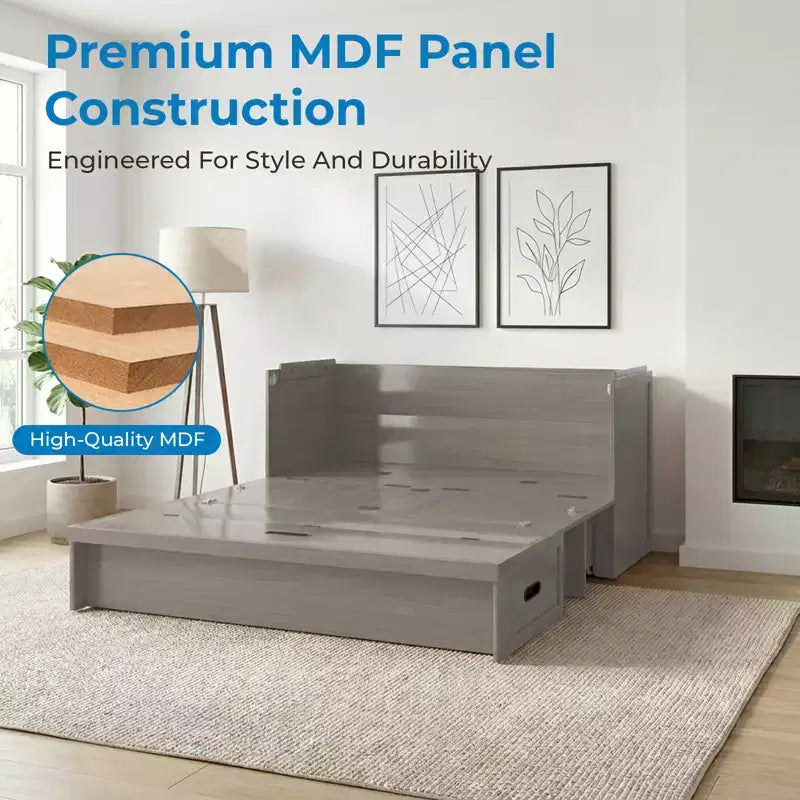 Mjkone Queen Size Convertible Murphy Cabinet Bed with Mattress, USB Charging, Storage Drawers