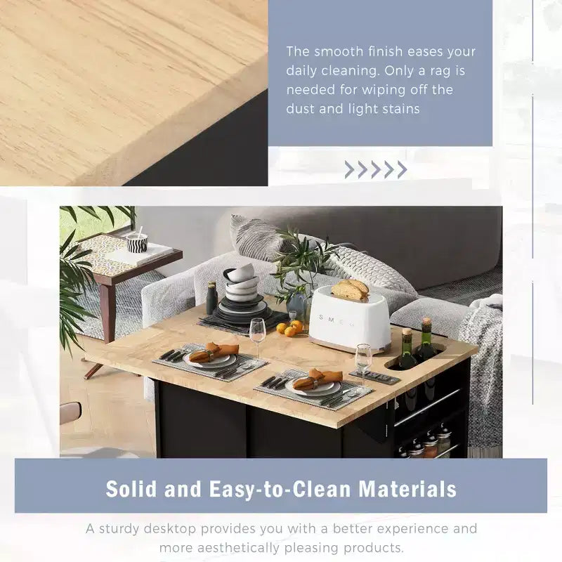 Movable Kitchen Island with Power Outlet, Drop Leaf and Rubber Wood Top