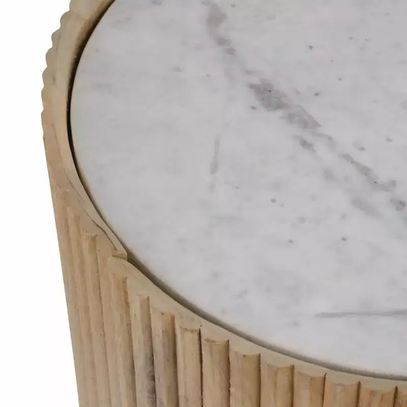 Decorative Ribbed Wooden Side Table with Marble Top and Storage - Small Home Decor Table Stand for Bedroom or Living Room Decor