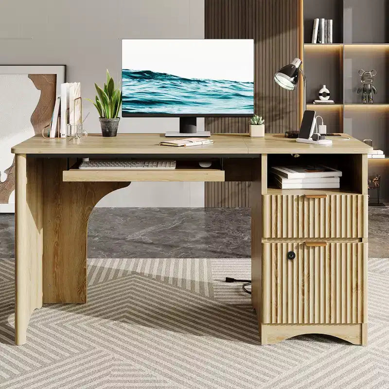Bestier 55 Smart Computer Desk, Oak Writing Desk with File Drawers and Power Outlet, Executive Office Desk with Open Storage and Keyboard Tray