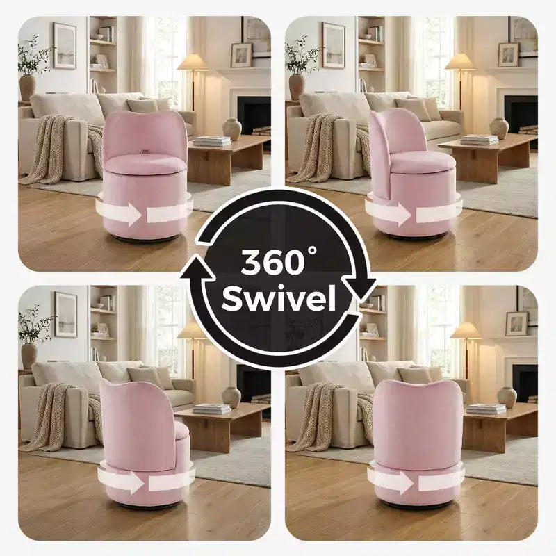 Swivel Vanity Chair with Storage, Upholstered Round Makeup Stool with Back, Soft Padded Barrel Accent Armchair for Bedroom & Living Room