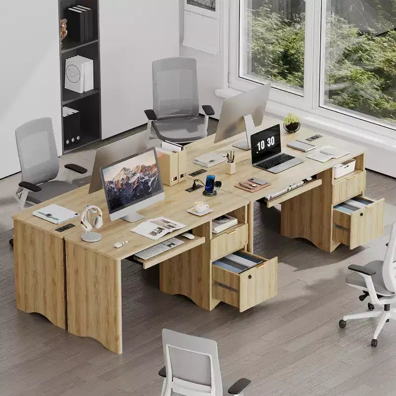 Bestier 55 Smart Computer Desk, Oak Writing Desk with File Drawers and Power Outlet, Executive Office Desk with Open Storage and Keyboard Tray
