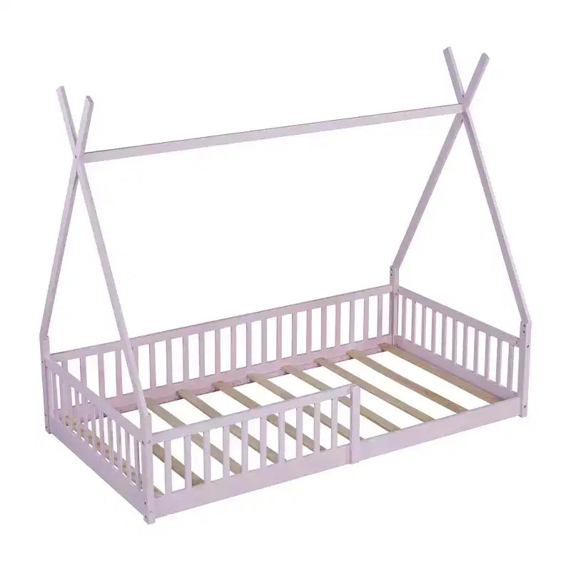 Floor Bed for Kids, Twin Size Tent Beds, Montessori Floor Bed with Slats and Fence Rails, Wood House Bed Frame for Boys Girls
