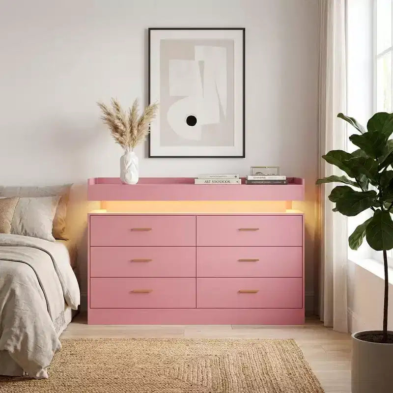 Modern TV Stand with 6 Drawers & LED Lights, Floating Countertop Coffee Bar for Living Room Entertainment Center