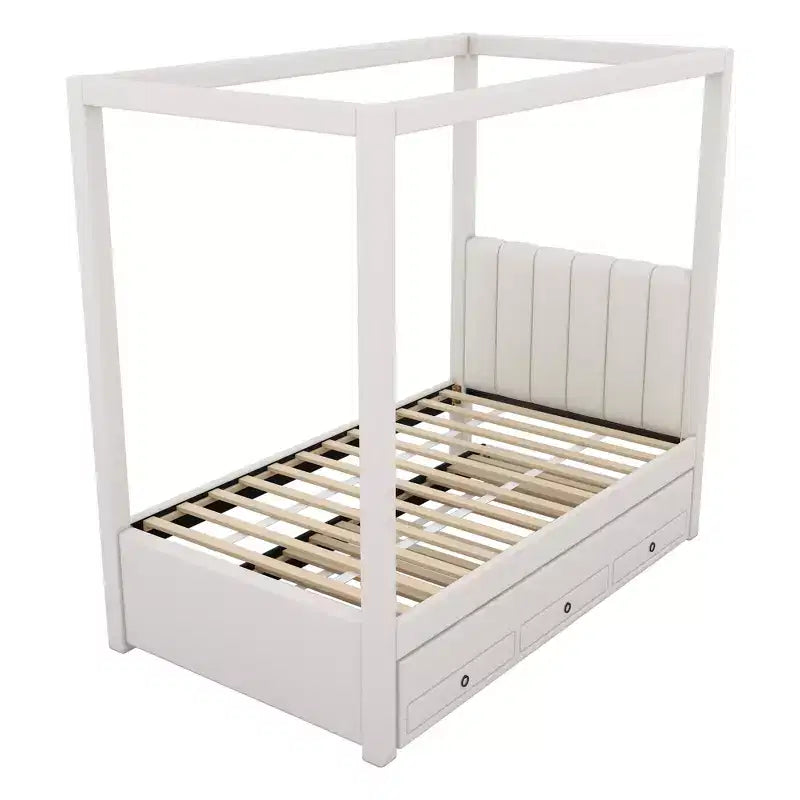 Full Size Linen Upholstery Canopy Platform Bed with Trundle and Three Storage Drawers