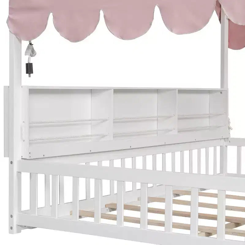 Whisen Full Size Wooden Floor Bed Frame, House-Shaped Daybed with Fense, 3 Storage Bookshelves, Curtain