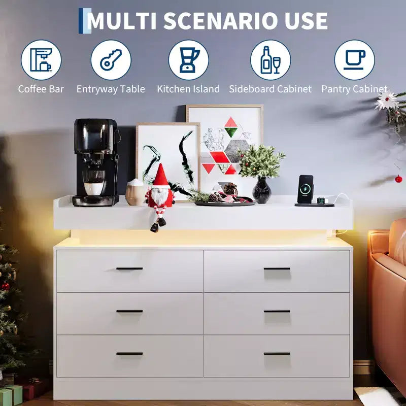 Modern TV Stand with 6 Drawers & LED Lights, Floating Countertop Coffee Bar for Living Room Entertainment Center