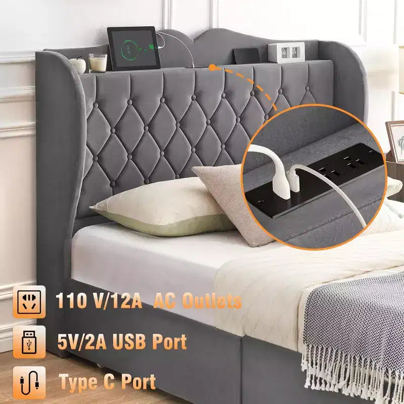 Bed Frame with 4 Storage Drawers and Charging Station, Velvet Button Tufted Upholstered Platform Bed with Tall Headboard and Storage Shelf
