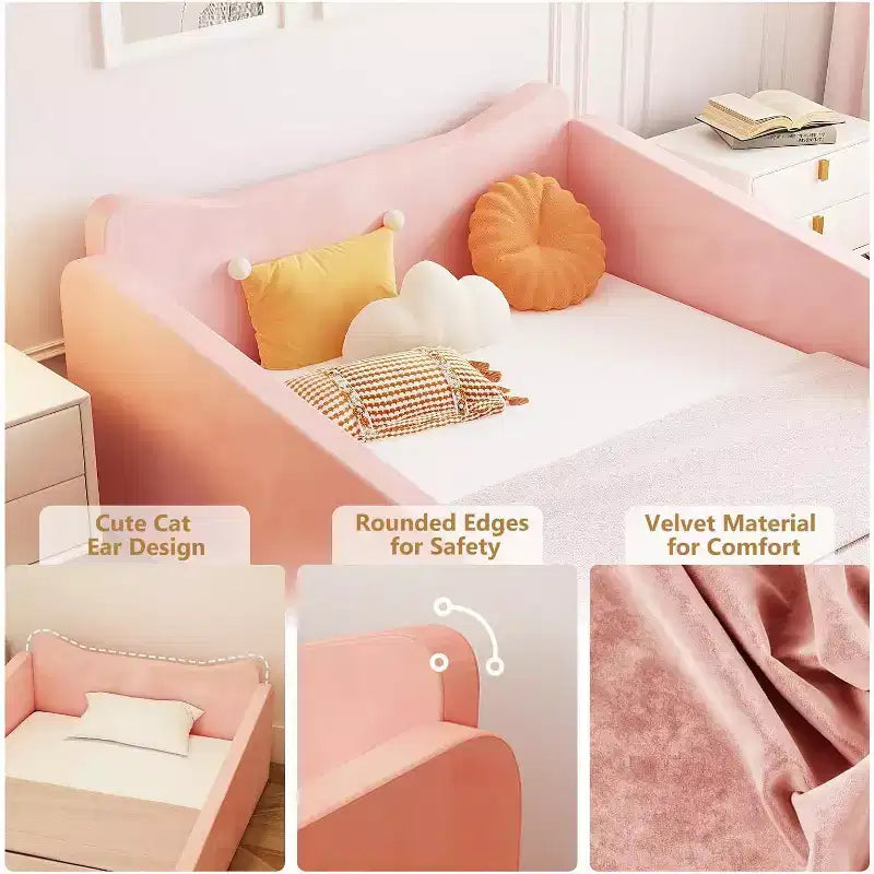 JOYMOR Toddler Bed, Floor Bed with Safety Guadrail, Montessori Toddler Bed with Animal Ear Shapes, Pink