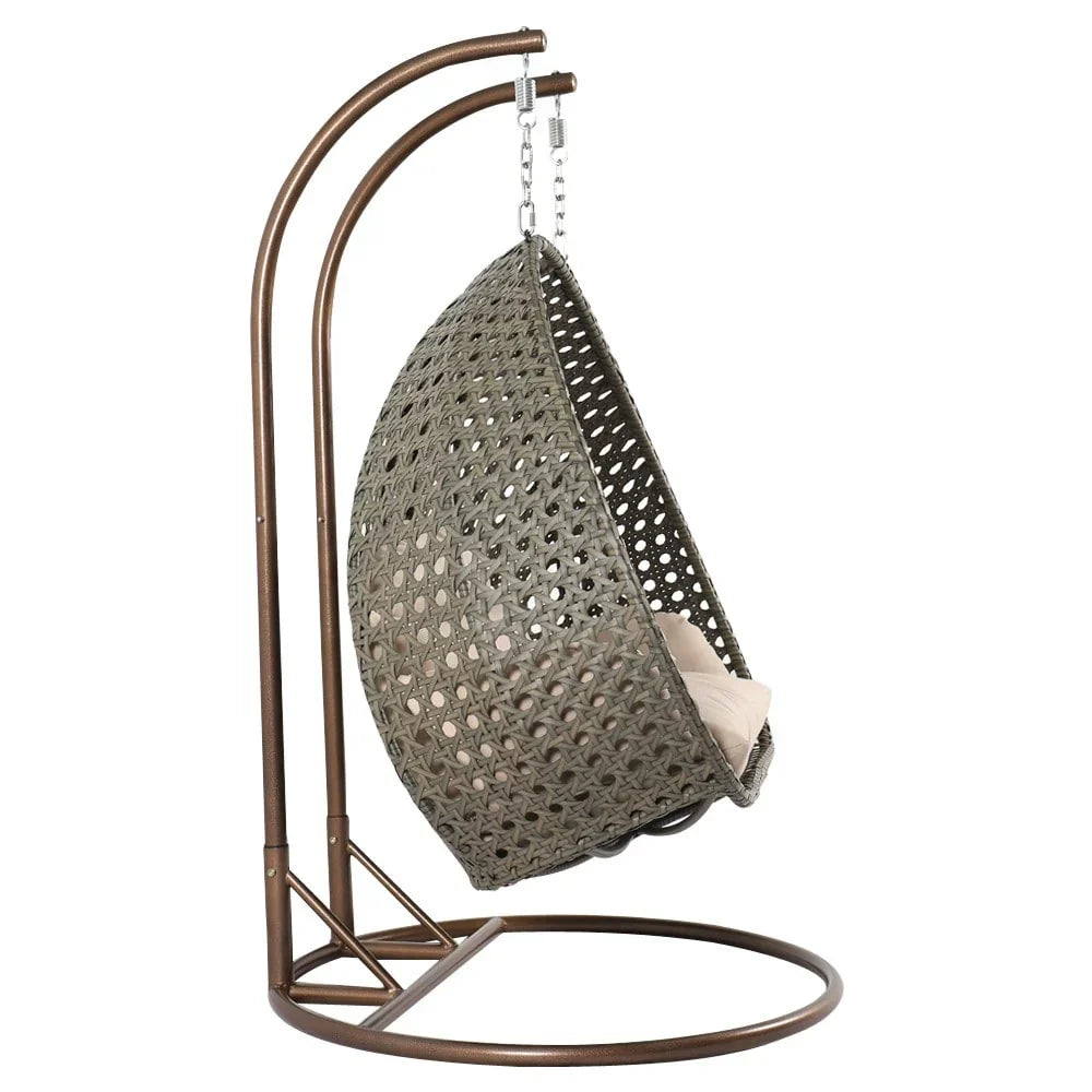 LeisureMod 2 Person Hanging Egg Chair with Stand - Outdoor/Indoor Rattan Wicker Patio Swing Hammock Lounger with Cushions