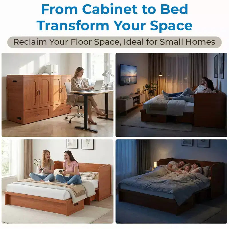 Mjkone Queen Size Convertible Murphy Cabinet Bed with USB Charging, Storage Drawers,No Mattress Included