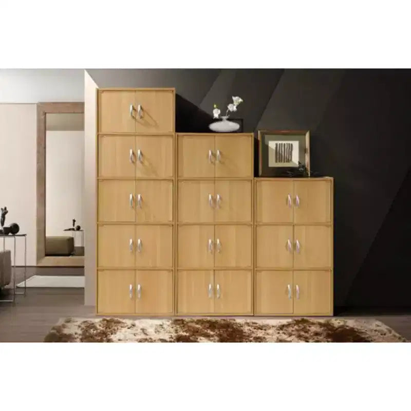 Hodedah HID44 Heavy Duty 8 Door Floor Mount Enclosed Multipurpose Storage Bookcase Cabinet for Home and Office, Beech Wood Finish