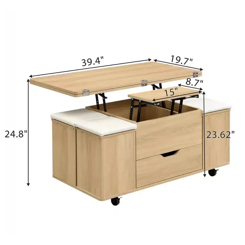 Multi-Function Modern Lift-Top Coffee Table with Hidden Storage, 4 Stools and Casters, Perfect for Modern Living Spaces