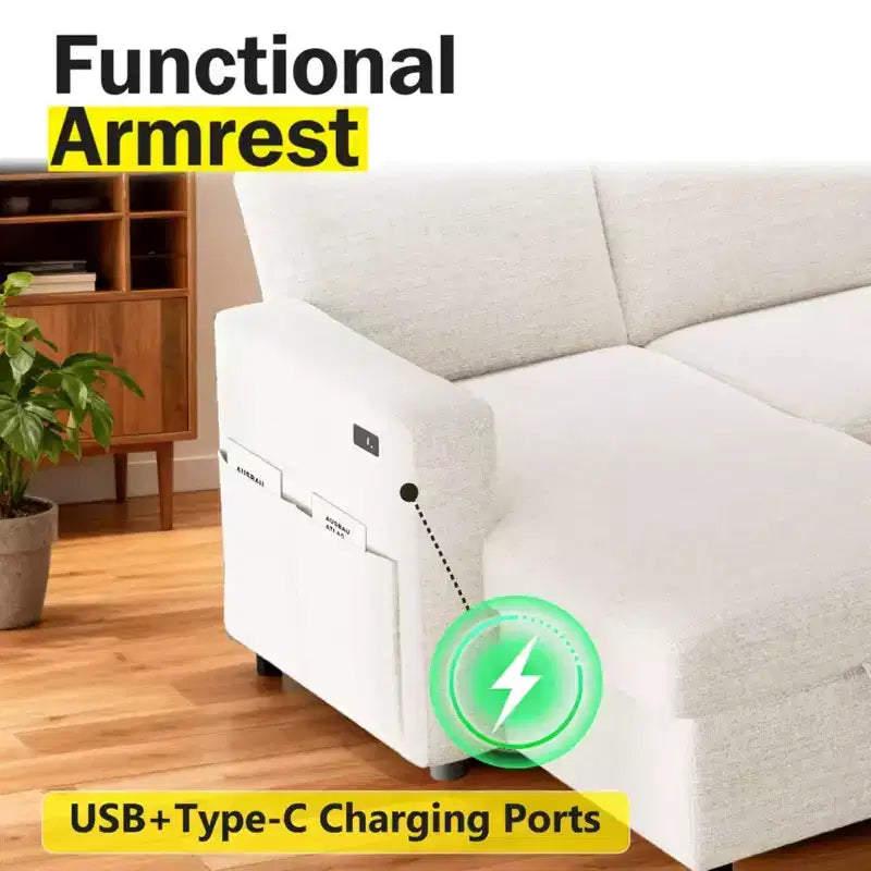 2-in-1 Pull Out Sleeper Sofa with Storage Chaise, Chenille Sectional Couch with USB Ports for Living Room