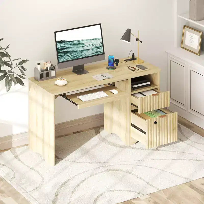 Bestier 55 Smart Computer Desk, Oak Writing Desk with File Drawers and Power Outlet, Executive Office Desk with Open Storage and Keyboard Tray