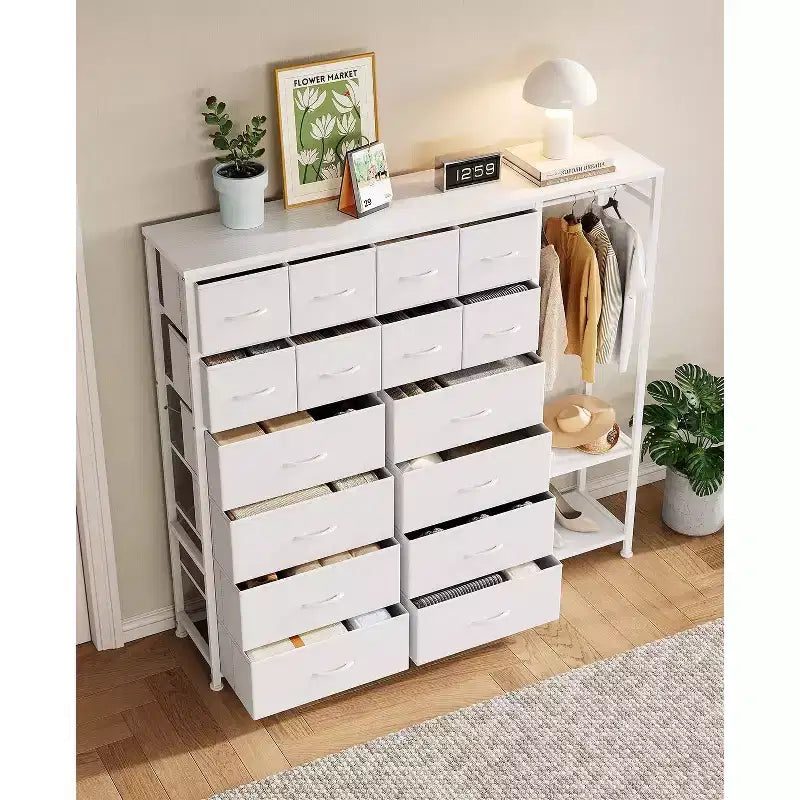 Dresser with 16 Drawers & Hanging Rod & Shelves, Fabric Storage Organizer for Bedroom, Closet, or Entryway