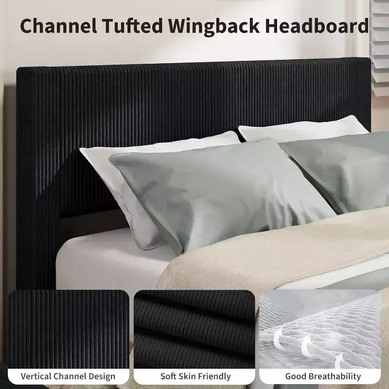 CuisinSmart Corduroy Bed Frame with Headboard, Platform Upholstered Bed Frame with 4 Storage Drawers and Wooden Slats Support