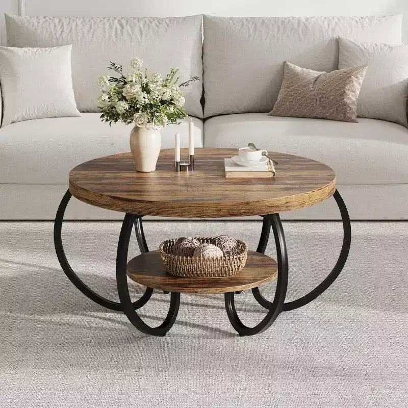 30 Inch Round Industrial Coffee Table 2-Tier with Adjustable Feet Wood Grain Shelf Flame Design Easy Assembly Living Room