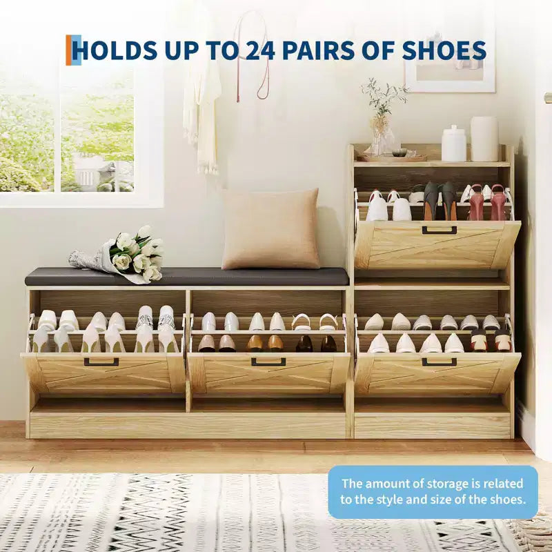Farmhouse Shoe Cabinet, Wooden Entryway Bench with 4 Flip Drawers, Narrow Hidden Shoe Organizer, Freestanding Shoe Rack for Hallway Foyer