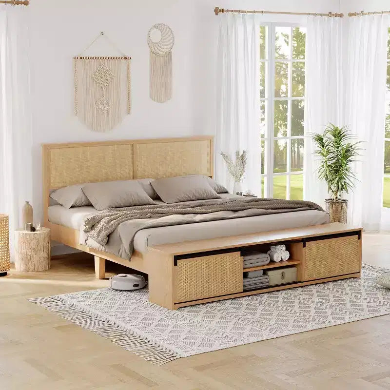 Boho Farmhouse Natural Rattan Bed Frame, Sliding Barn Door Storage and LED Light Headboard, Solid Wood Support Legs.