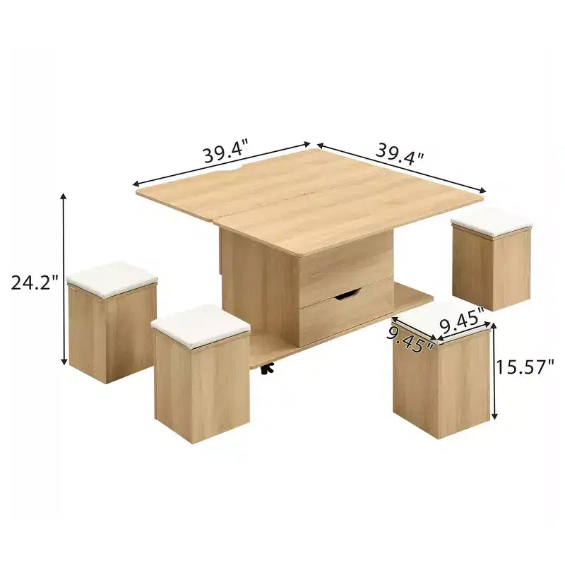 Multi-Function Modern Lift-Top Coffee Table with Hidden Storage, 4 Stools and Casters, Perfect for Modern Living Spaces