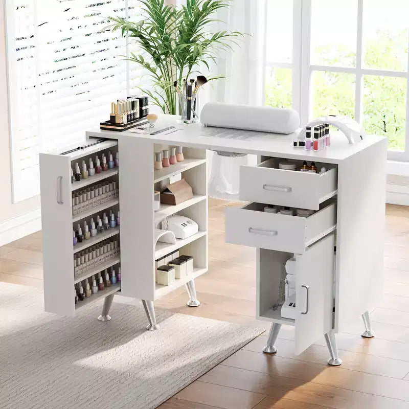 Table de manucure 42 pouces pour styliste ongulaire avec collecteur de poussière et repose-poignet, bureau pour ongles avec casier vertical coulissant, 1 armoire de rangement, 2 tiroirs
