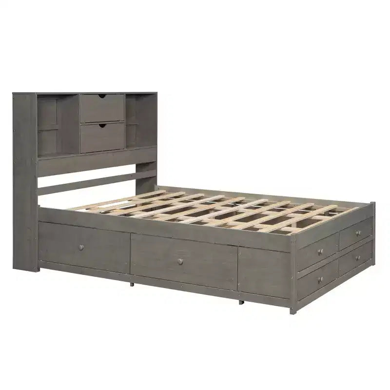 Queen Size Platform Bed with Storage Shelf and 8 Drawers, Easy Assembly