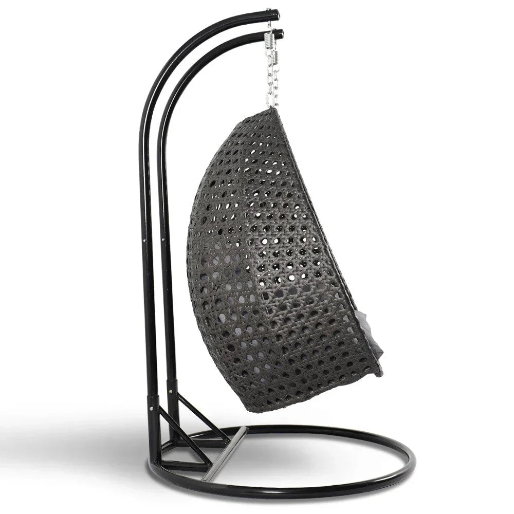 LeisureMod 2 Person Hanging Egg Chair with Stand - Outdoor/Indoor Rattan Wicker Patio Swing Hammock Lounger with Cushions
