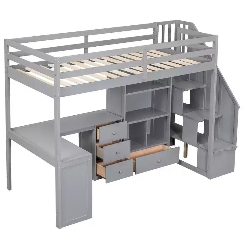 Twin Size Loft Bed with L-Shaped Desk, 3 Drawers, Cabinet, Staircase Storage, Solid Pine/MDF Build