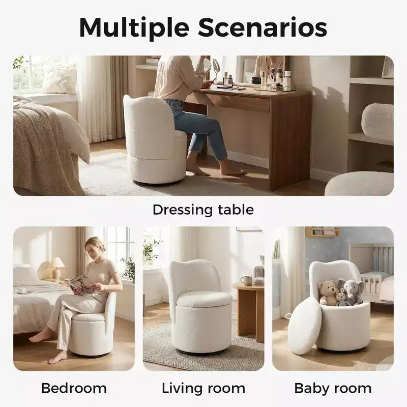 Swivel Vanity Chair with Storage, Upholstered Round Makeup Stool with Back, Soft Padded Barrel Accent Armchair for Bedroom & Living Room