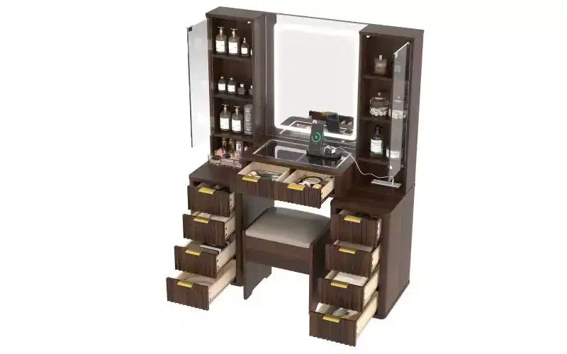 JVNOXK 43.5-inch Modern Vanity Set with Mirror and Light, Featuring Drawers and Clear Glass Cabinet, Includes Stool and Charging Station, Brown
