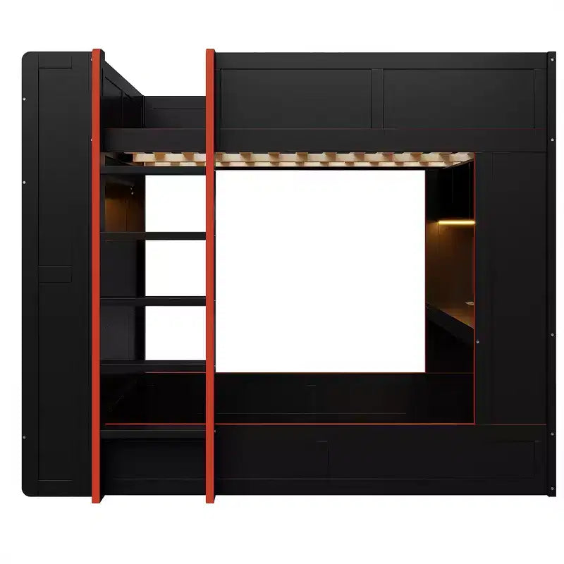 Full Size Wood Gaming Bunk Bed with Built-In Desk, Storage Shelves, 7-Color LED Lights & Charging Station, Black - ModernLuxe